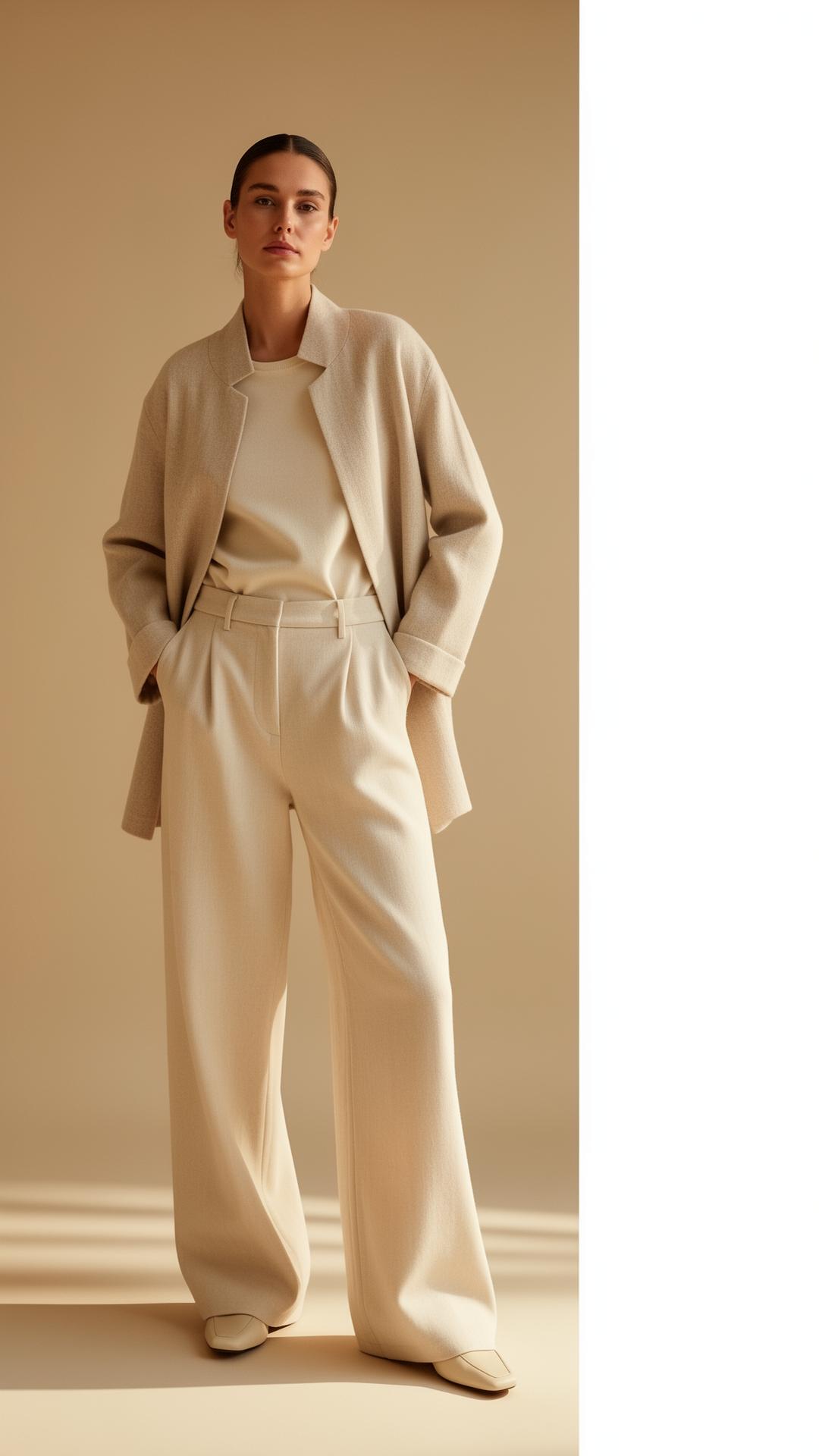 Model wearing Yoke SON INC tailored cream ensemble